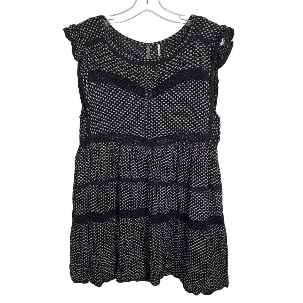 Free People Size S Dress Retro Kitty Micro-floral Tiered Lace Trim Mini A-Line - Picture 2 of 9